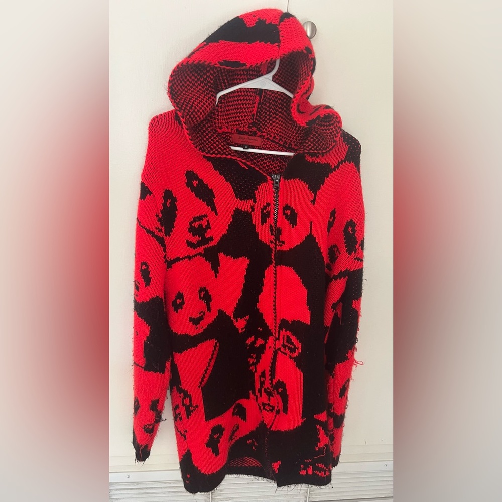 Young Republic Red & Black Panda Knit Zip-Up Long Cardigan Hoodie unisex Sz M